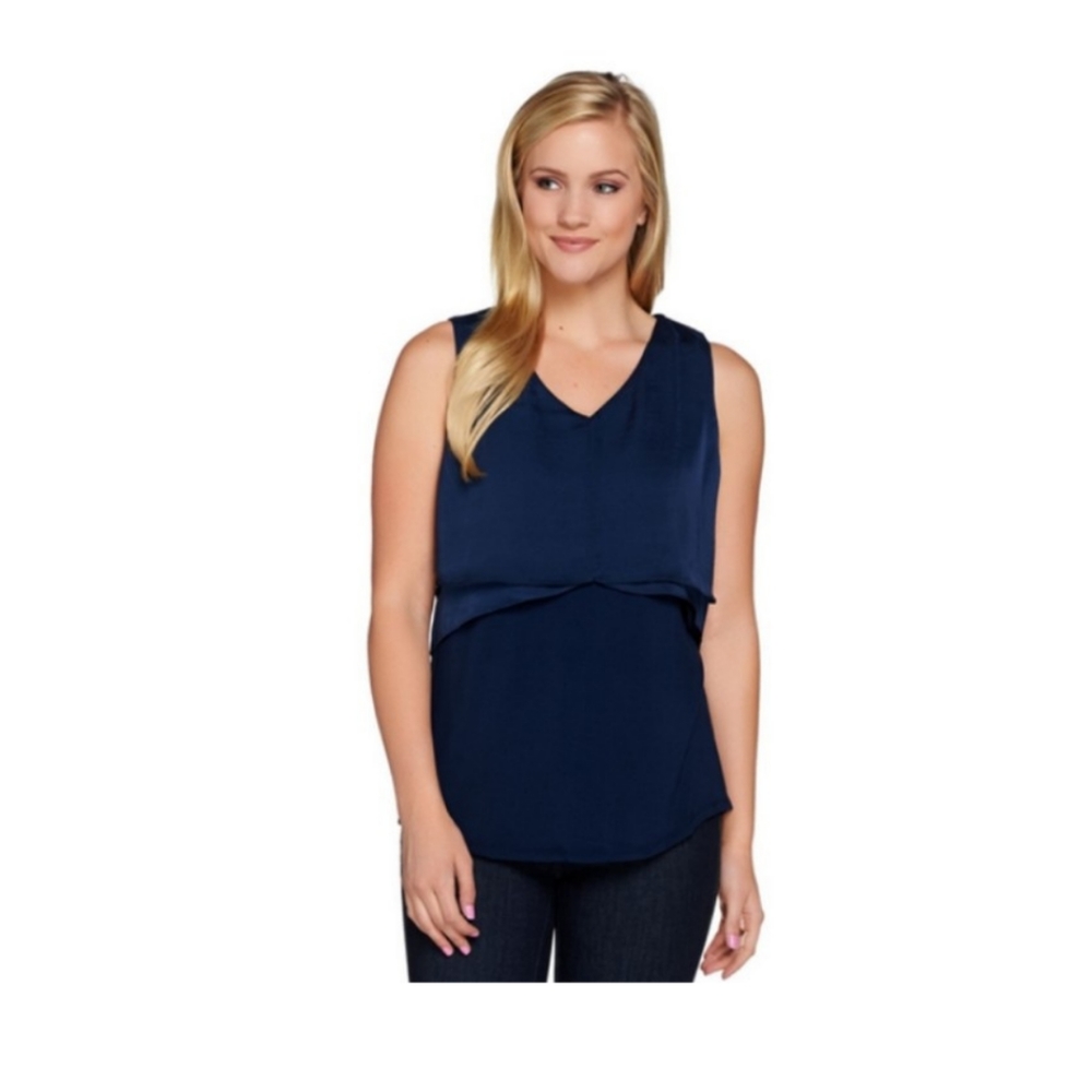 H by Halsten Sleeveless Knit Top with Cascade Overlay Detail, Naby, 1X